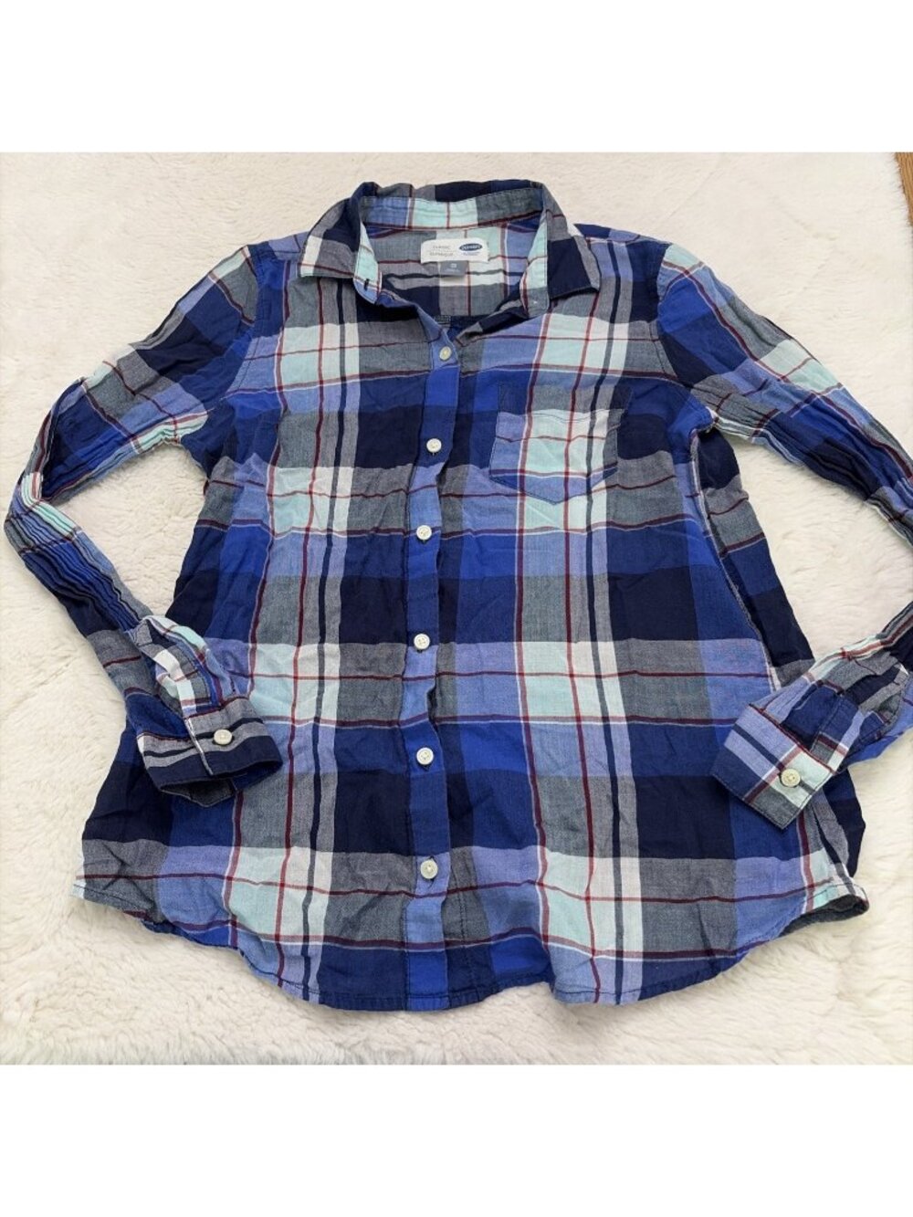 Old Navy Women’s Classic Button Up Plaid Shirt Extra Small Shades Of Blue